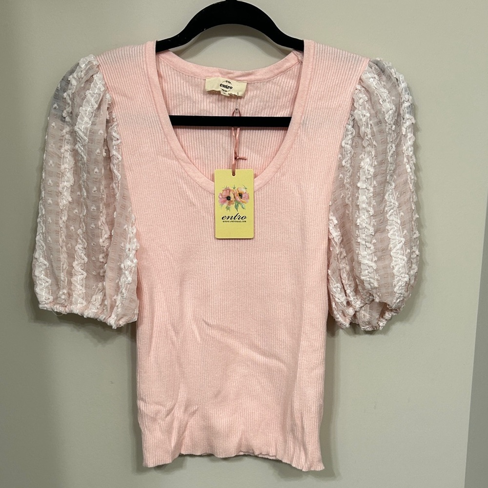 Entro Blush Pink Top with Lace Puff Sleeves